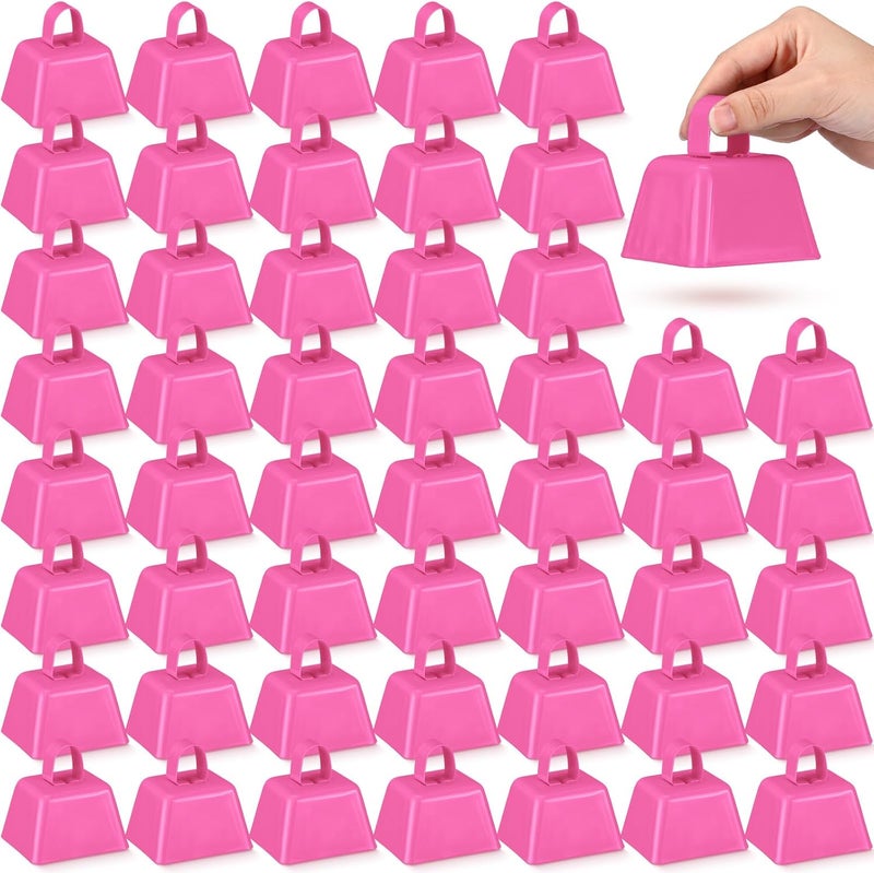 Lukmaa 50 Pack Metal Cowbells Bulk 3 x 2.4 x 3 Inch Cow Bells with Handle Novelty Noise Maker for Sporting Events Cheering Team Spirit Weddings Graduation Baseball Football Game Party (Pink) - Image 1